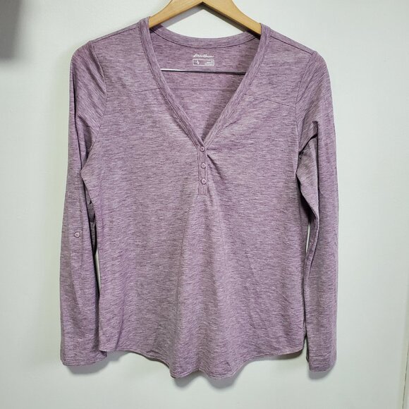 EDDIE BAUER Henley Shirt Roll Tab Long Sleeve Heathered Purple Women's Medium - Picture 2 of 14